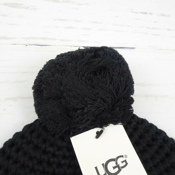 New UGG Pom Pom Knit Beanie Women\'s Men\'s Unisex Wool-Blend Logo OS Black main image 10